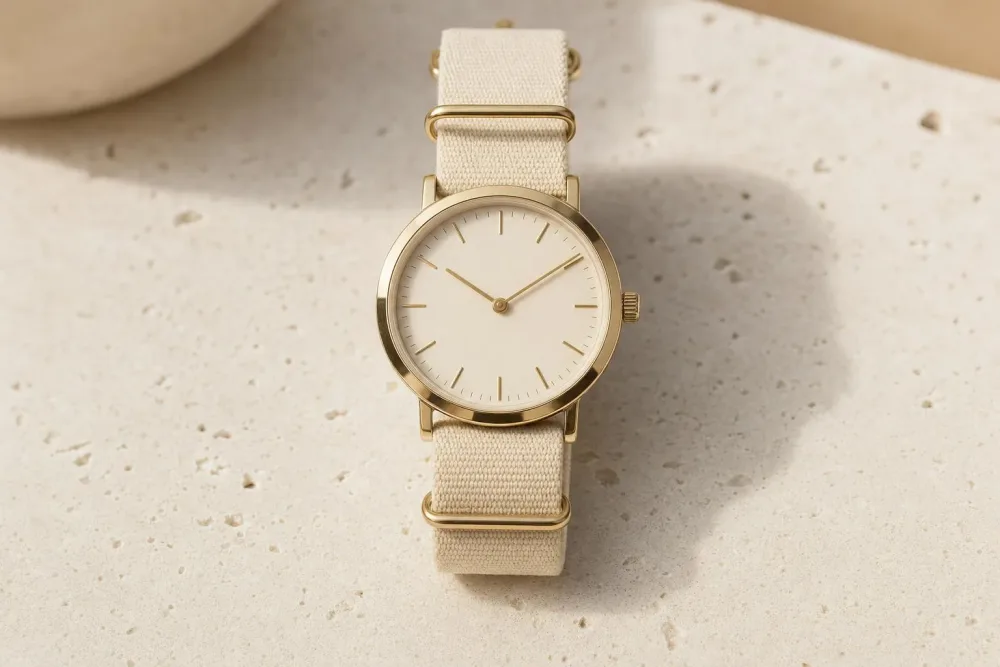 An elegant minimalist wristwatch with a polished gold case and a cream canvas NATO-style strap on a warm cream travertine counter.