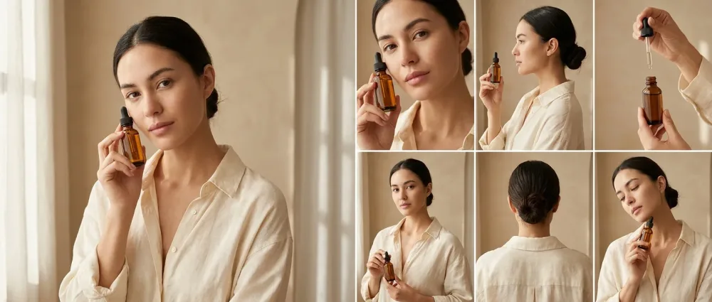A horizontal magazine spread: one large anchor photograph of a model with a serum bottle on the left, a 2x3 grid of variants of the same scene from different angles on the right.