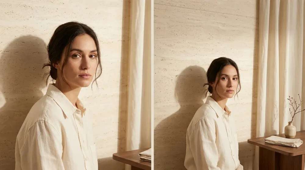 A wide cinematic scene of a woman in cream linen: a tight head-and-shoulders crop on the left, the same shot pulled back to reveal the curtain, side table, and surrounding environment on the right.