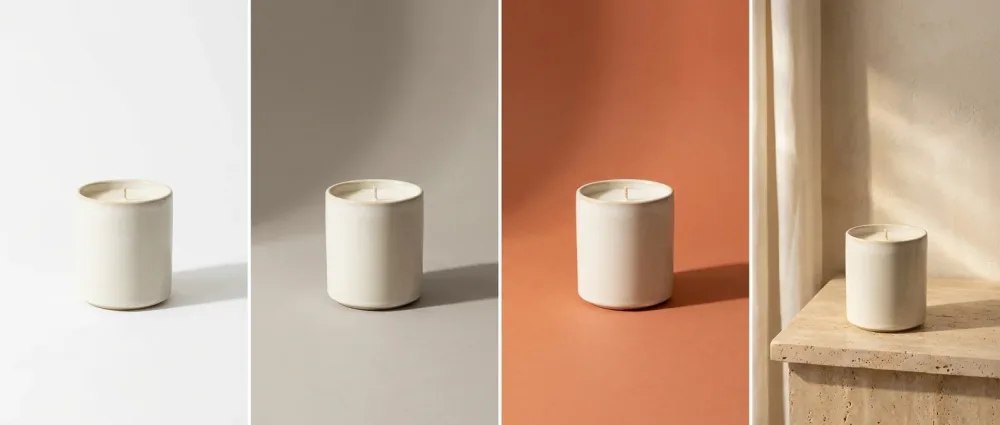 A horizontal strip of four frames: the same textured ceramic candle photographed against four backgrounds — pure white, warm grey, dusty terracotta, and a lifestyle travertine scene.