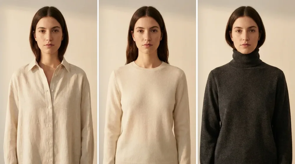 The same model in three identical photographs, only the garment changes between frames.