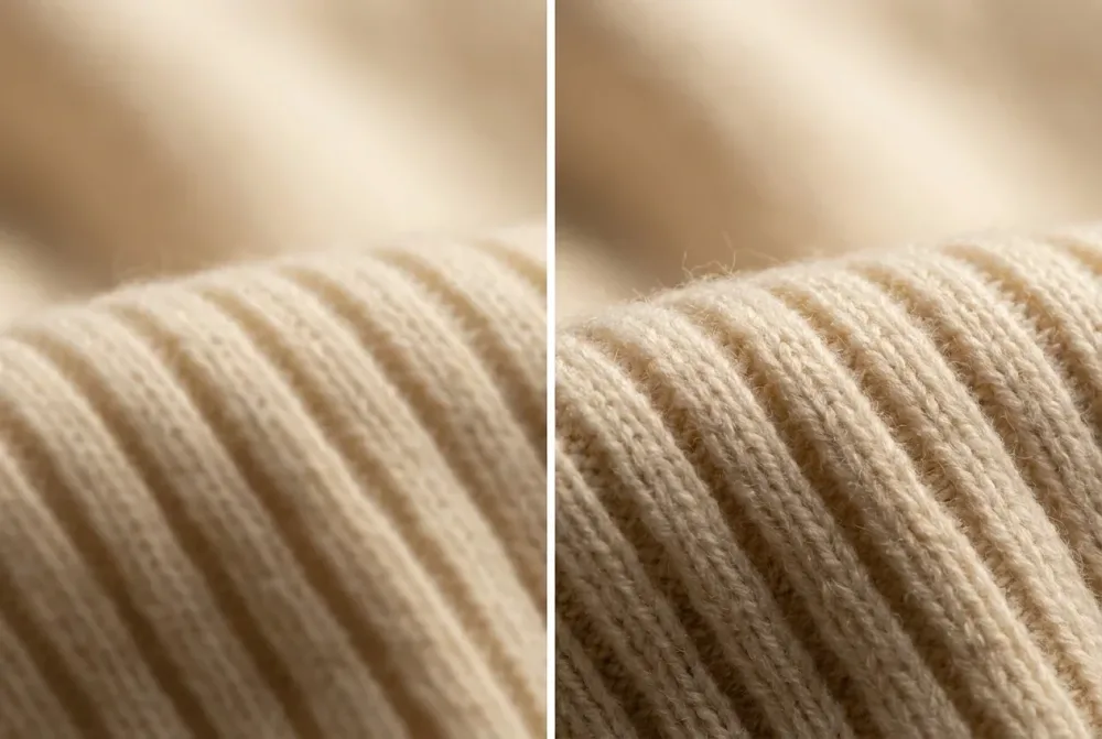 A split image of the same cashmere fabric: soft on the left, razor-sharp 4K detail on the right.