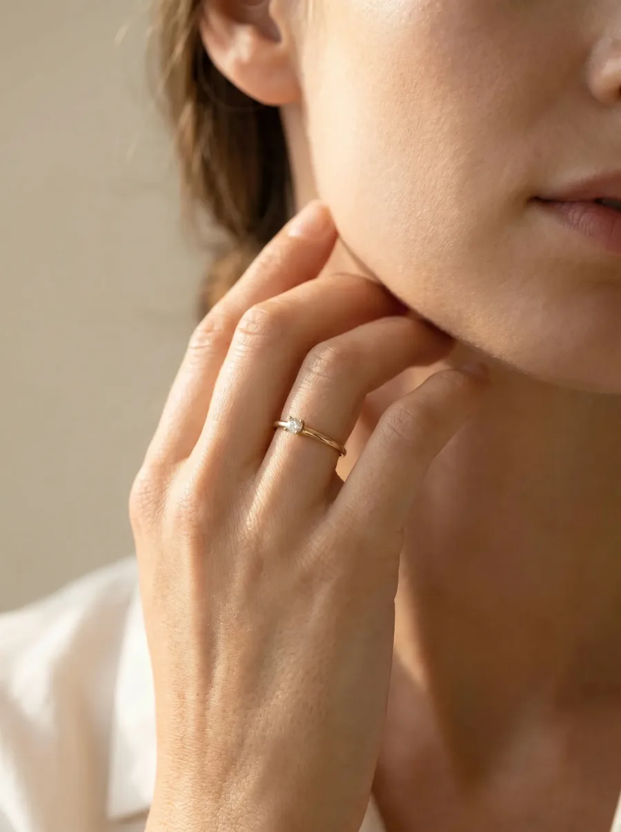 A gold ring photographed in the Hand to face composition