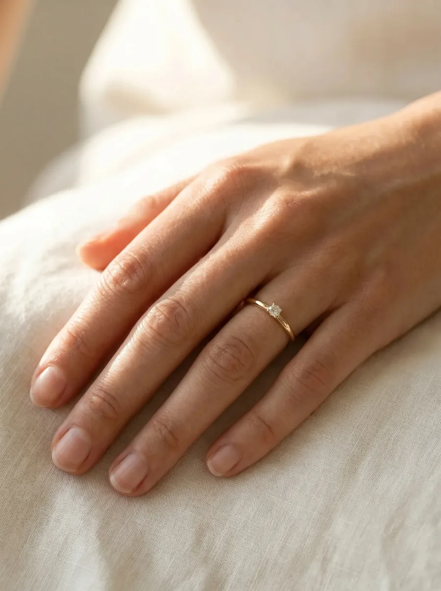 A gold ring photographed in the Hand at rest composition