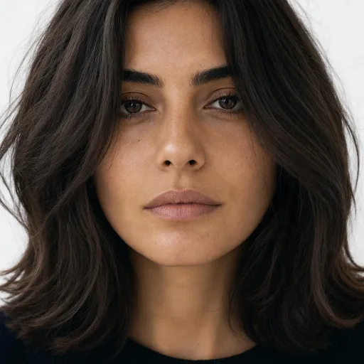 A close-up casting portrait of Inès — dark wavy shoulder-length hair, natural skin, looking straight at camera.