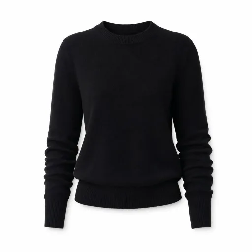 A black cashmere crewneck sweater on a white background.
