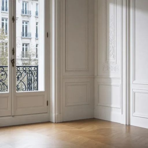 A Parisian apartment with a tall casement window, iron balcony, pale boiserie wall and herringbone parquet floor.