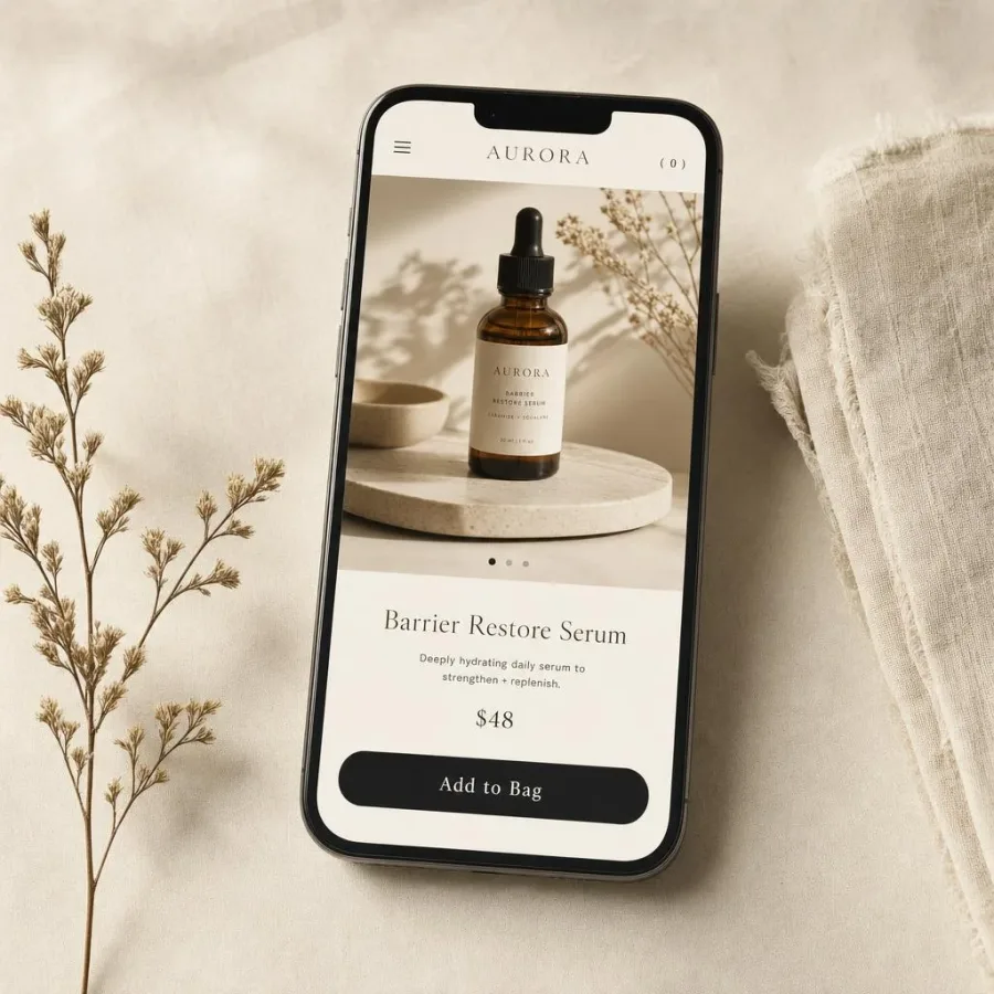 A phone showing a product detail page with a Nightjar photo, price, and Add to Bag button.