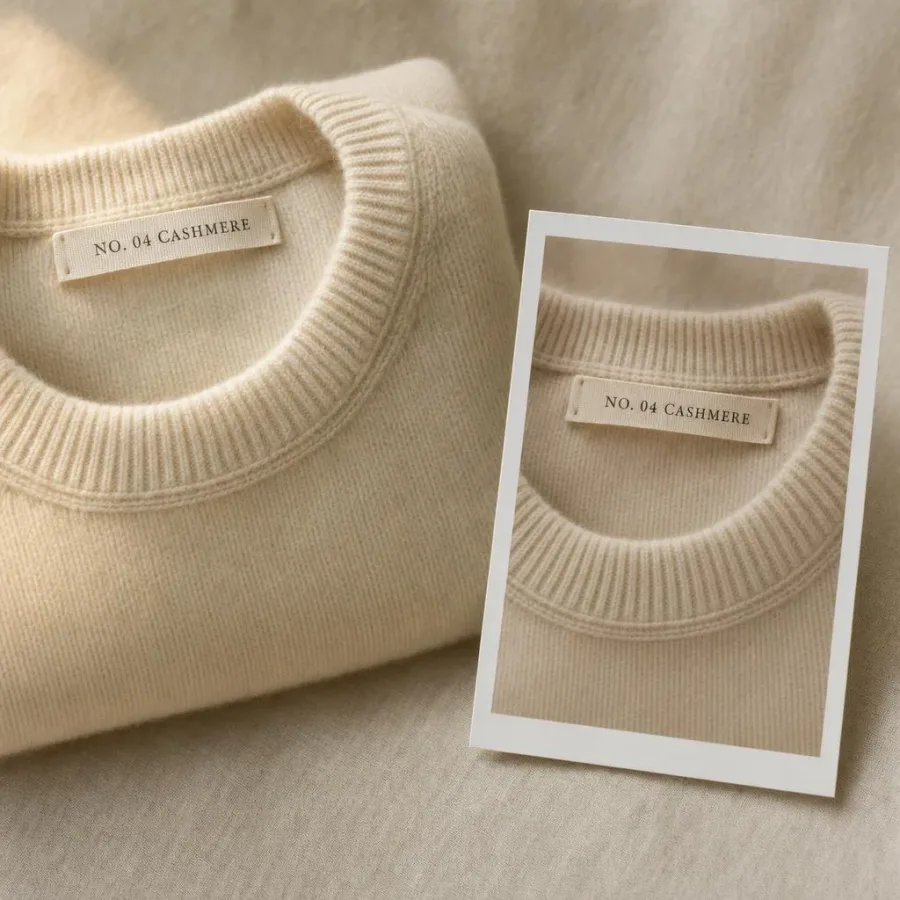 A folded cashmere sweater next to a printed photo of itself, both labels identical.
