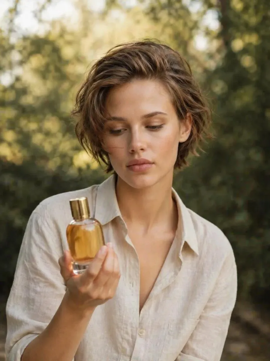 A perfume bottle photographed in the Candid outdoor style