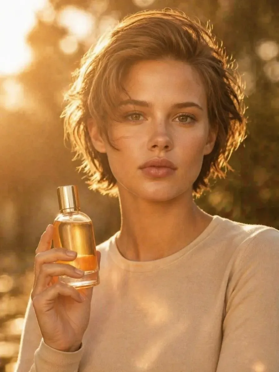 A perfume bottle photographed in the Golden hour style