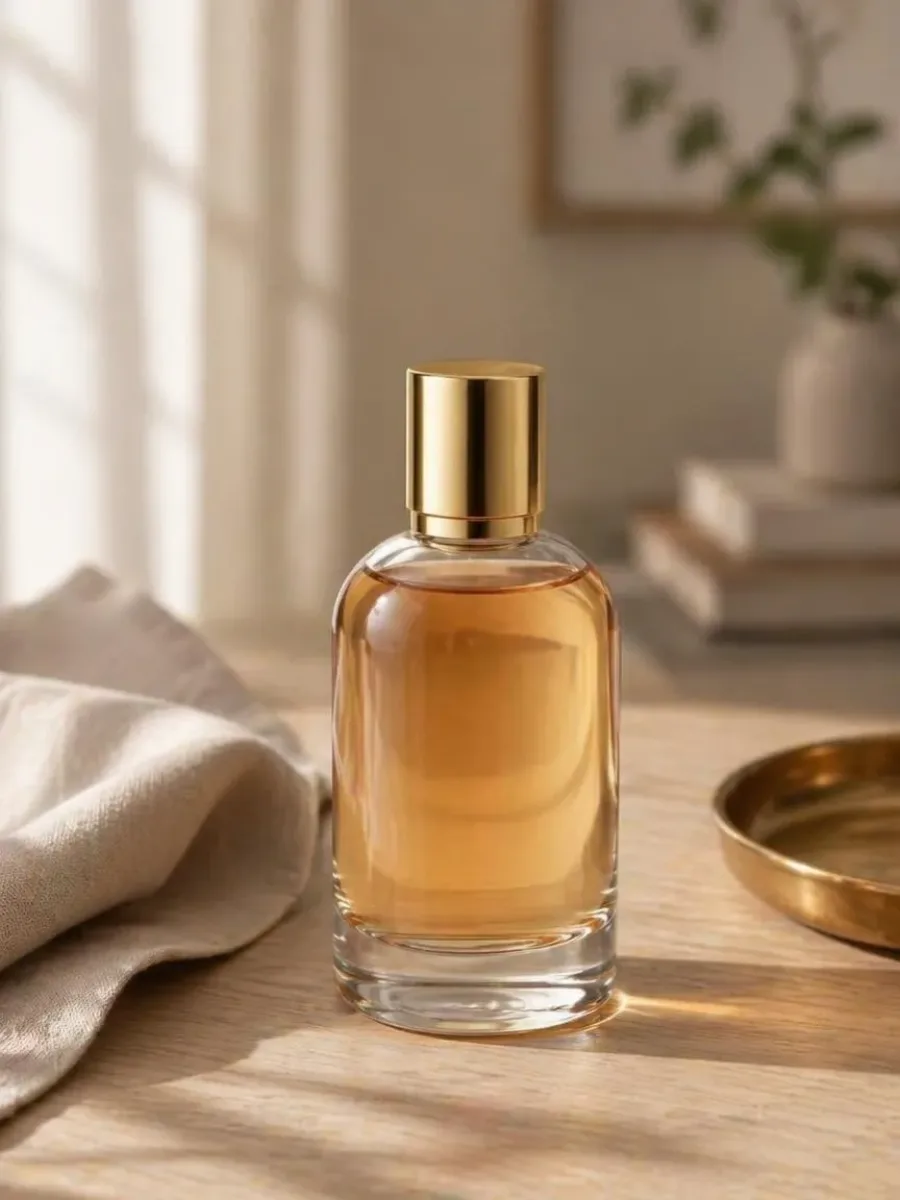 A perfume bottle photographed in the Lifestyle editorial style