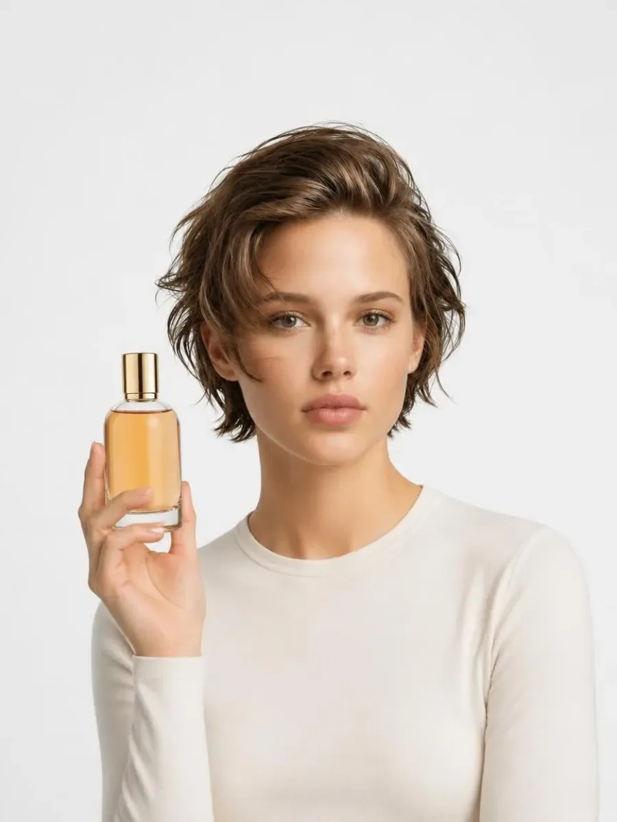 A perfume bottle photographed in the White cube gallery style